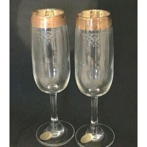 Cellini Hand Blown Crystal 24k Gold Trimmed & Etched Italian Champagne Flutes